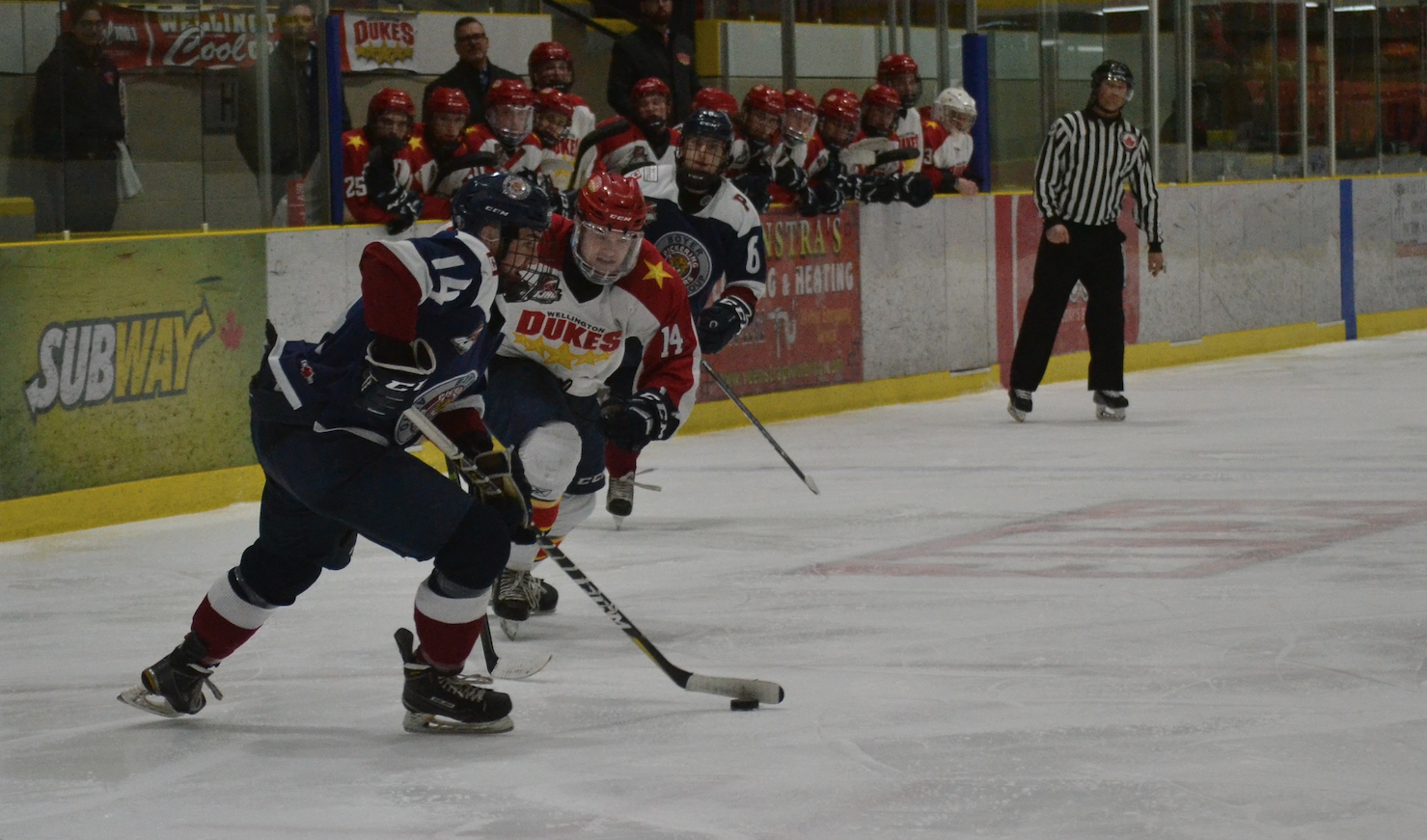 <p>ON THE EDGE- Wellington Dukes forward Ben Evans skates after Pickering Panthers defenceman Anthony Azzano in Game 5 of the OJHL Northeast Conference Quaterfinals. (Lindsey Harren for the Gazette)</p>
