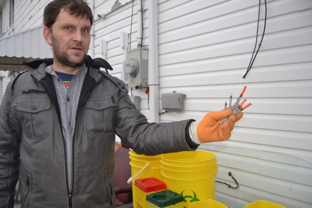 <p>SHARPENING HIS RESOLVE- Picton area resident Donnie Duffy with needles he’s collected in recent days. (Jason Parks/Gazette Staff)</p>
