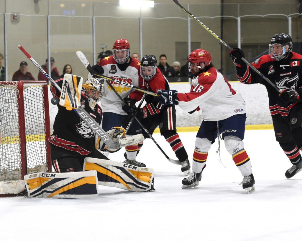 <p>ON THE SPOT- The Wellington Dukes are playing in the 2018 Dudley Hewitt Cup thanks to (From left) Wellington Dukes forwards Ben Evans and Frank Pucci. Evans set up Pucci just after this sequence in Game 6 of the Buckland Cup Finals  to lift the Dukes to their third OJHL playoff championship in franchise history. The overtime goal was shown on Hockey Night In Canada on Friday.<br />
(Photo by Andy Corneau / OJHL Images)</p>
