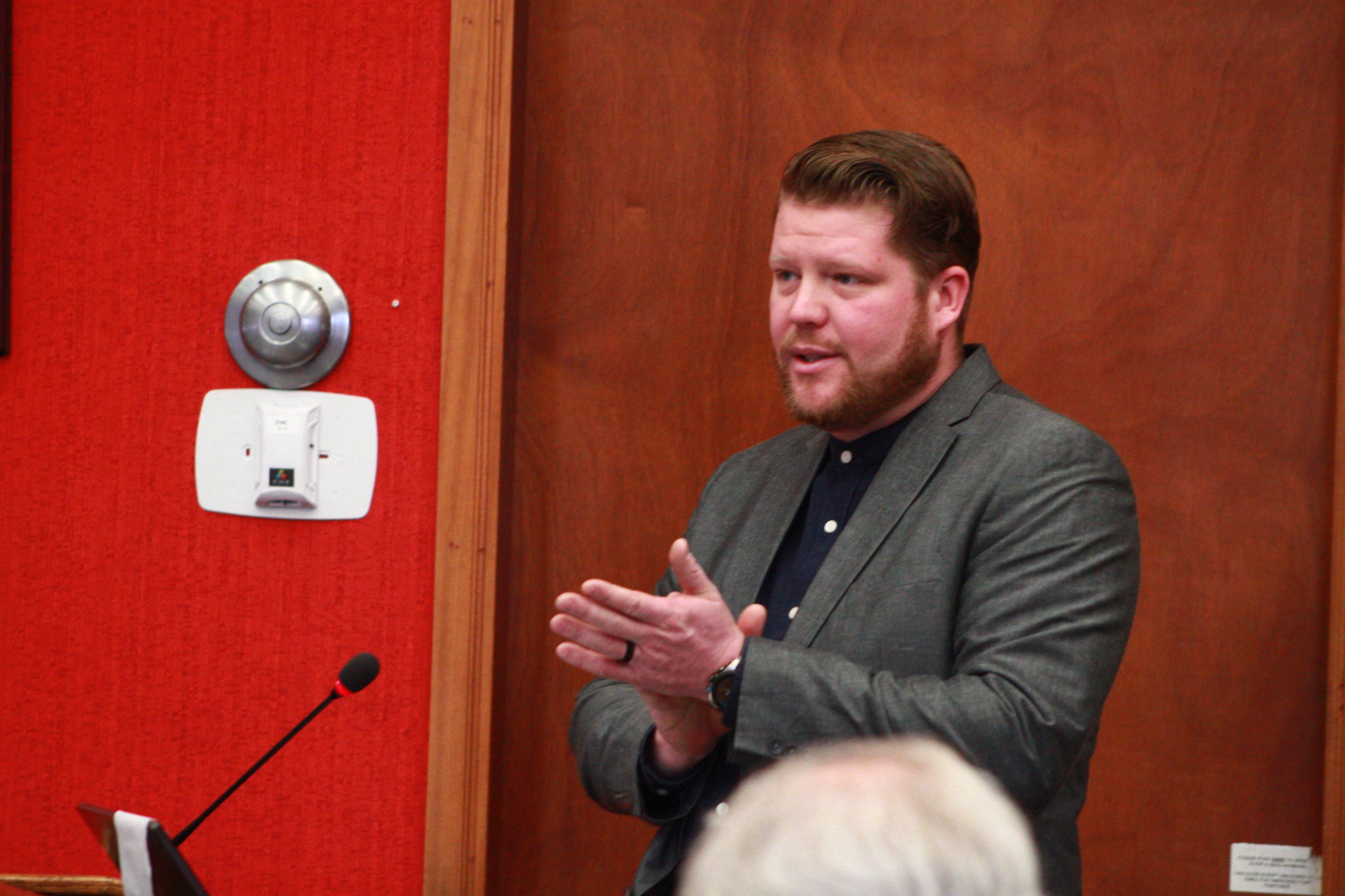 <p>Wellington and District Business Association chair Evan Nash asks councillors to address speed concerns in the village. (Chad Ibbotson/Gazette staff)</p>

