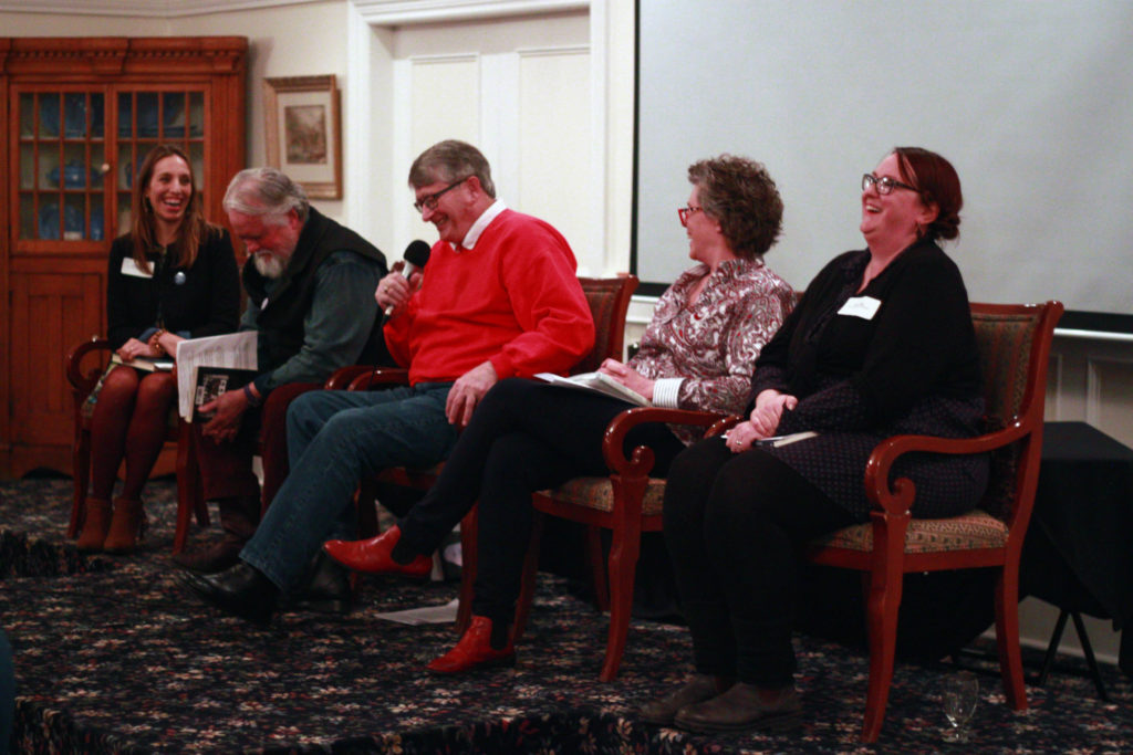 <p>From left, Sarah Selecky, Conrad Beaubien, Ray Hobson, Shelagh Mathers, and Krista Dalby defend their chosen books during closing arguments. (Chad Ibbotson/Gazette staff)</p>
