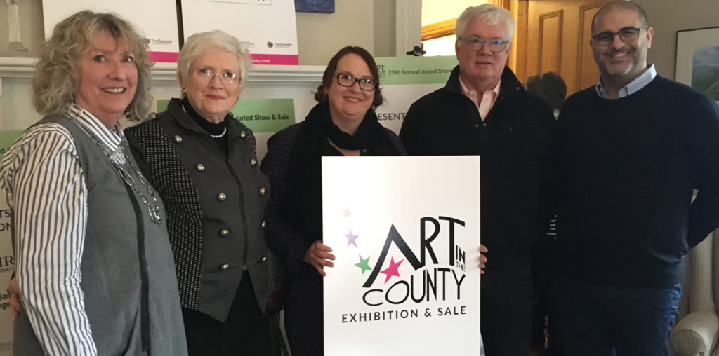 <p>A quarter century – Art in the County is now accepting submissions for its 25th annual exhibition. Pictured at a media launch at the Merrill Inn, Thursday, from left are show chair Susan Barclay, Canada Day sponsor Elizabeth Crombie of Royal LePage, Prince Edward County Arts Council chair Krista Dalby, and Community Art Builder Award sponsors Laurie Gruer and Sam Simone of Chestnut Park. (Janna Smith/Prince Edward County Arts Council)</p>
