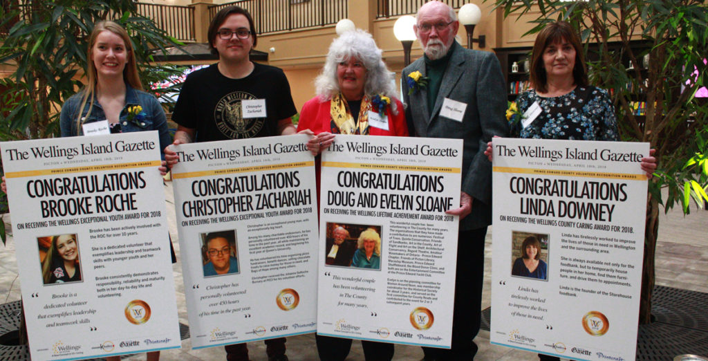 <p>Community builders – From left, Brooke Roche, Christopher Zachariah, Evelyn and Doug Sloane, and Linda Downey were the 2018 honourees during the Prince Edward County Volunteer Recognition Awards ceremony on Wednesday afternoon at The Wellings of Picton. (Chad Ibbotson/Gazette staff)</p>

