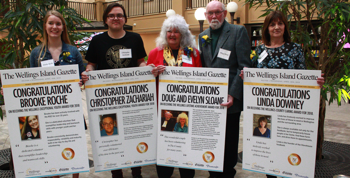 <p>Community builders &#8211; From left, Brooke Roche, Christopher Zachariah, Evelyn and Doug Sloane, and Linda Downey were the 2018 honourees during the Prince Edward County Volunteer Recognition Awards ceremony on Wednesday afternoon at The Wellings of Picton. (Chad Ibbotson/Gazette staff)</p>
