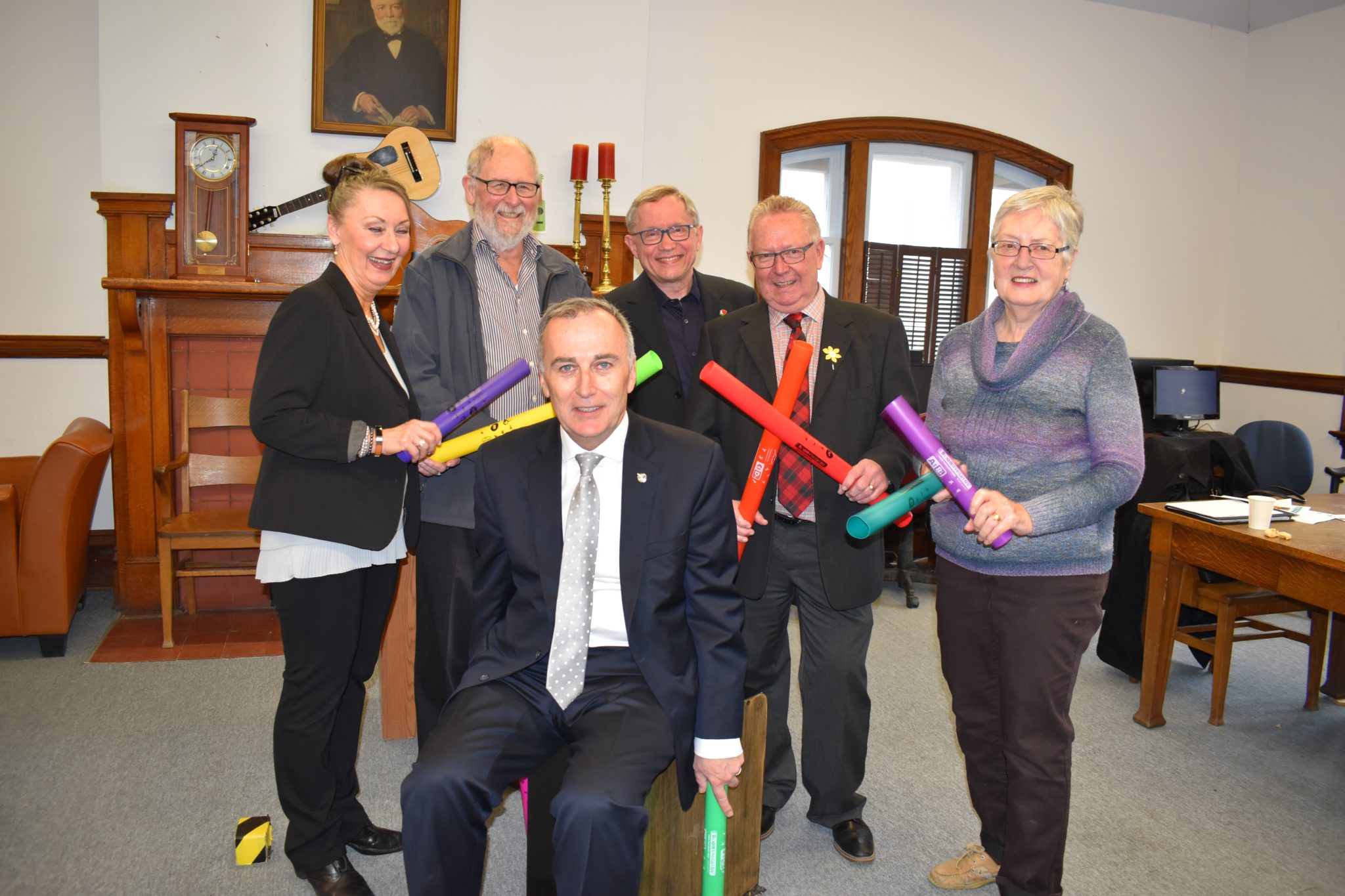 <p>DRUMMING CIRCLE- The County of Prince Edward Public Library and Archives were presented a New Horizon&#8217;s For Seniors Program grant on Friday. The funding will be used for a musical outreach program for seniors. Pictured at Friday&#8217;s presentation are (Standing, Left to Right) Head Librarian Barbra Sweet, councillor Gord Fox, Library Board Chair John Ambrose, Mayor Robert Quaiff, Library Board Vice-Chair Lynda Parks Sahadat and (Seated) Bay of Quinte MP Neil Ellis. (Jason Parks/Gazette Staff)</p>
