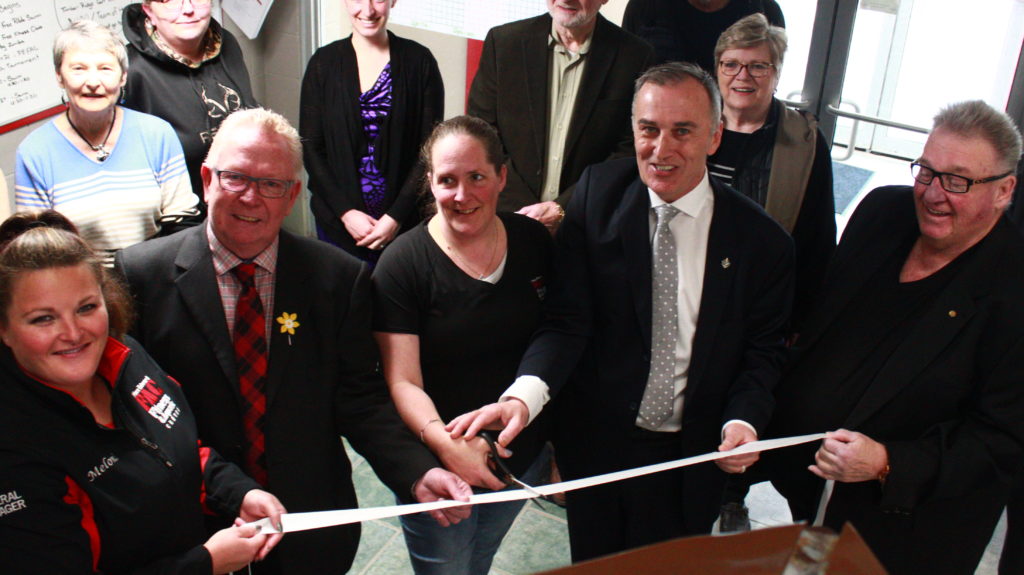 <p>From left, PEFAC general manager Meloni Crandall, Mayor Robert Quaiff, Julie Leavitt, Bay Quinte MP Neil Ellis, and PEFAC board chair Bill Halman cut the ribbon on the lobby renovation on April 13. (Chad Ibbotson/Gazette staff)</p>
