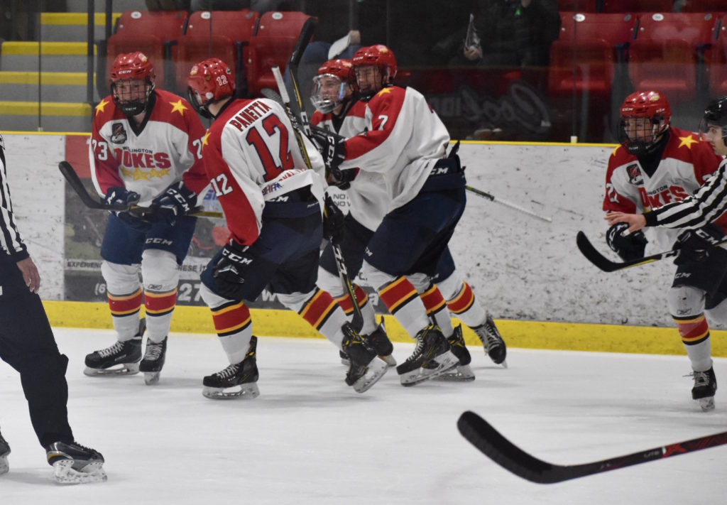 <p>ON THE BOARD- (Far left) Nelson Powers celebrates his first OJHL playoff goal in Game 2 of the 2018 Buckland Cup playoffs Monday night at Essroc Arena. (Jason Parks/Gazette Staff)</p>
