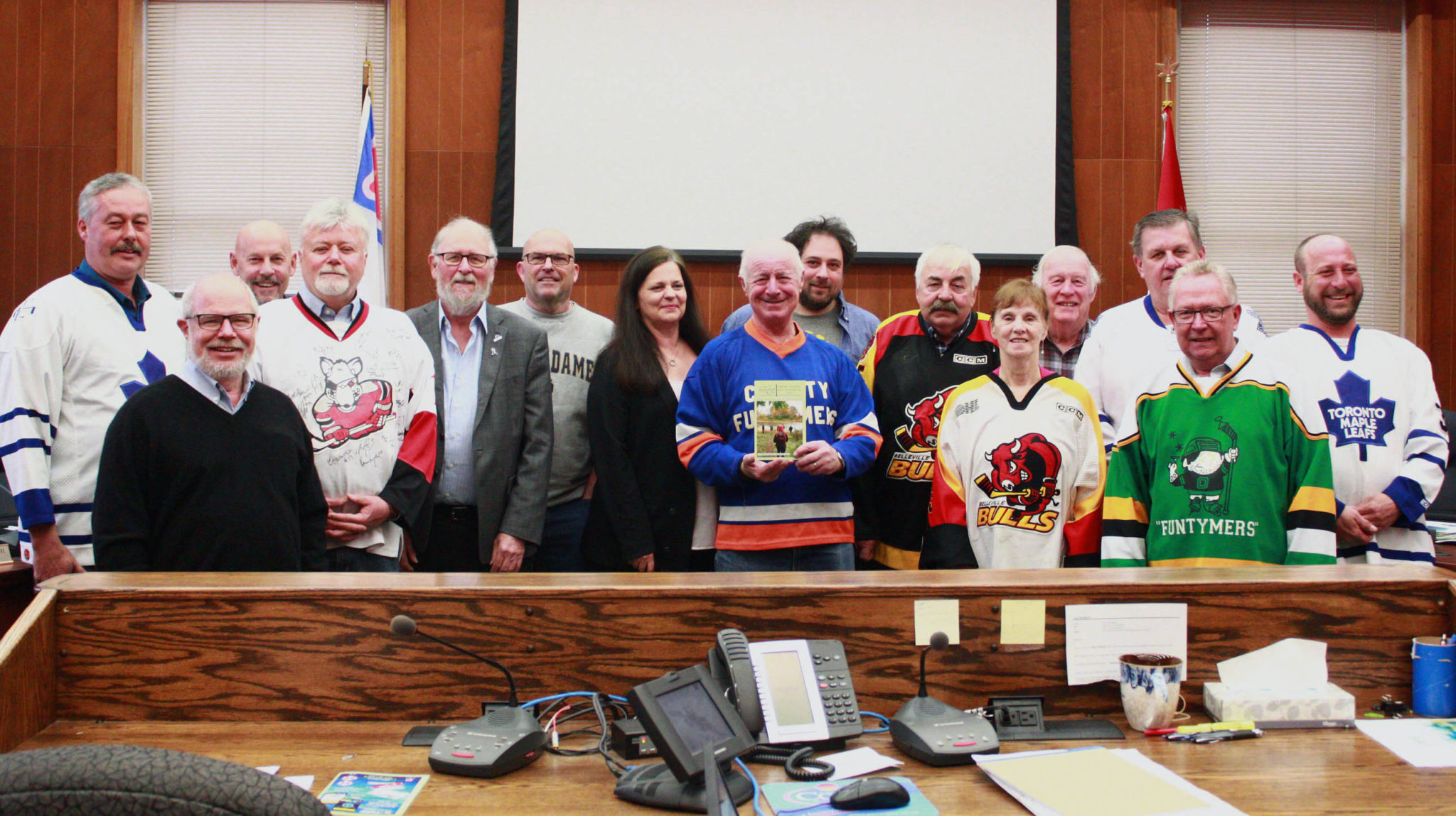 <p>Councillors pose with the 2018 edition of Nature Matters! Council members wore hockey sweaters at Thursday&#8217;s committee meeting in tribute to the victims of the Humboldt tragedy. (Chad Ibbotson/Gazette staff)</p>
