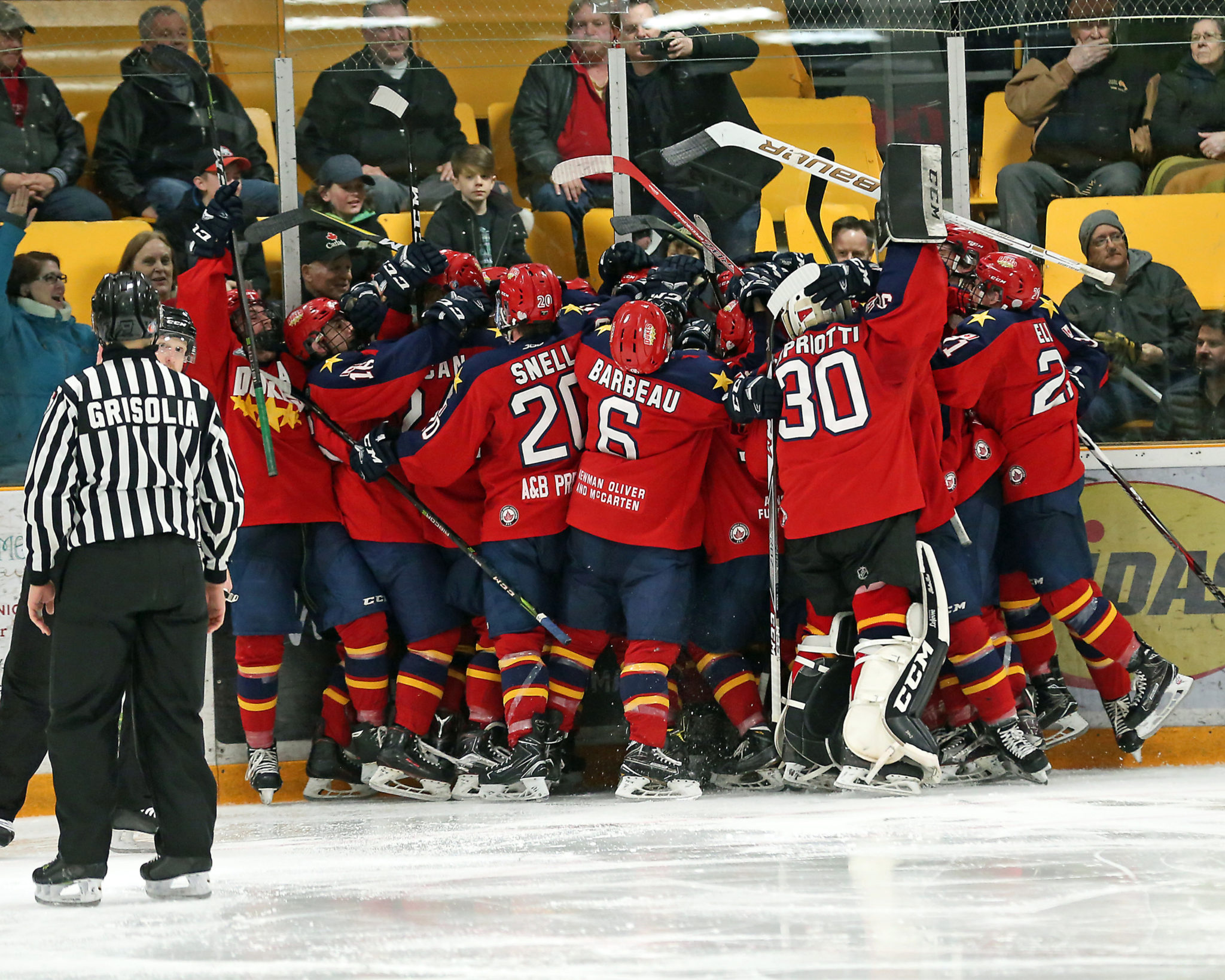 <p>WHAT A FINISH- The Wellington Dukes celebrate their Game 5 double overtime victory over the Aurora Tigers Sunday night at the Aurora Community Centre. With the 3-2 win, Wellington punched its ticket to the 2018 Buckland Cup Finals.<br />
(Photo by Ed McPherson / OJHL Images)</p>
