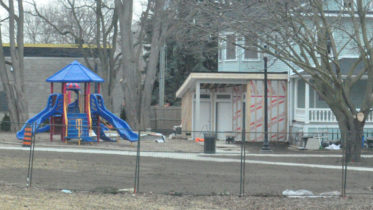 <p>Work on the $400,000 upgrades to Benson Park is moving along ahead of the summer season. Among the features included is a new public washroom facility on the south side of Benson  Hall.  New walkways through the park area are also visible and the old tennis courts have been replaced with a new sports surface. (Adam Bramburger/Gazette staff)</p>
