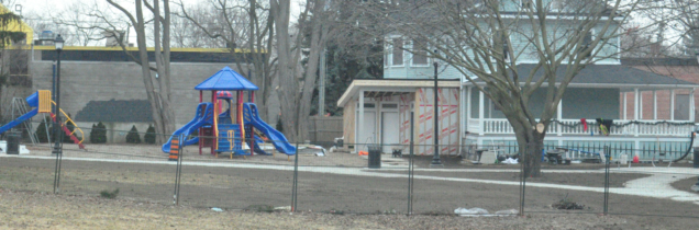 <p>Work on the $400,000 upgrades to Benson Park is moving along ahead of the summer season. Among the features included is a new public washroom facility on the south side of Benson  Hall.  New walkways through the park area are also visible and the old tennis courts have been replaced with a new sports surface. (Adam Bramburger/Gazette staff)</p>

