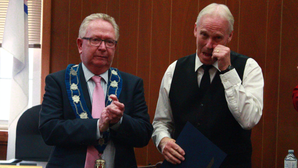 <p>Mayor Robert Quaiff presents Mike Bond with a civic recognition award for his lifesaving action. (Chad Ibbotson/Gazette staff)</p>
