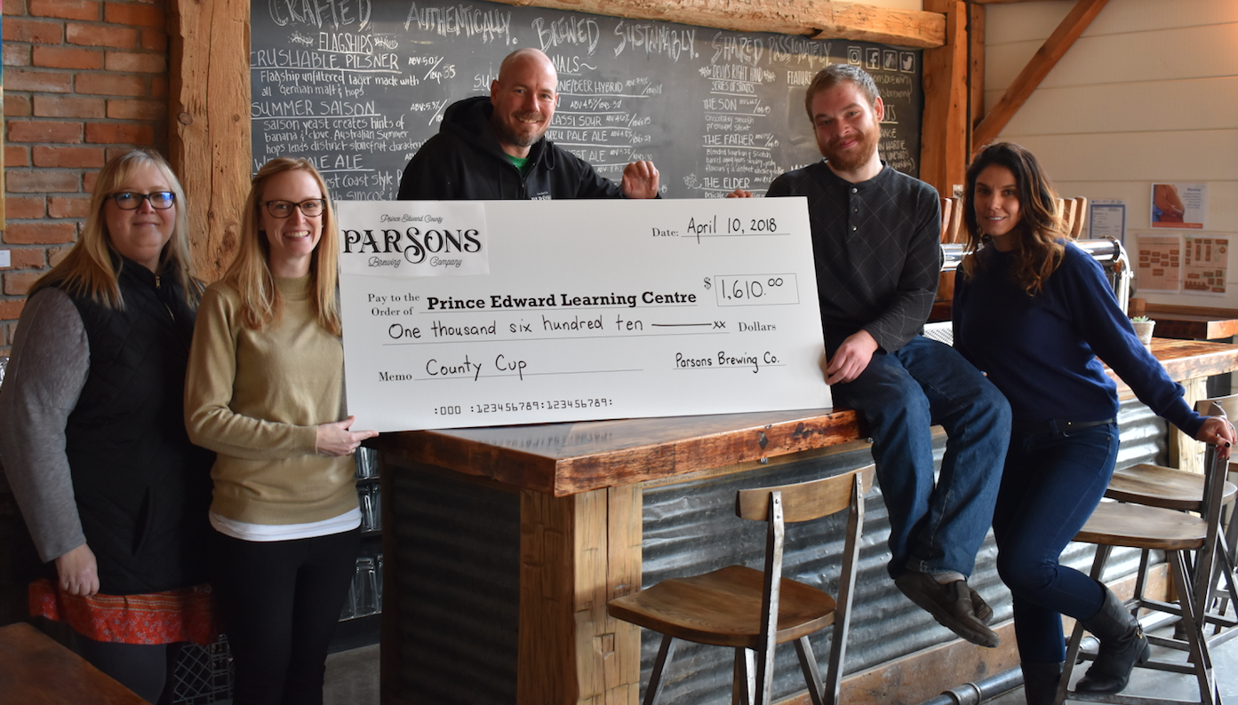 <p>BIG ASSIST- The first annual County Cup recreational hockey tournament sponsored by Parsons Brewing Company generated $1,610 for the Prince Edward Learning Centre. Pictured at Monday&#8217;s cheque presentation are (From left) Lori Farrington and Jennifer Nelson of the PELC, Chris Parsons, PLEC Patrick McLellan and Samantha Parsons. (Jason Parks/Gazette Staff)</p>
