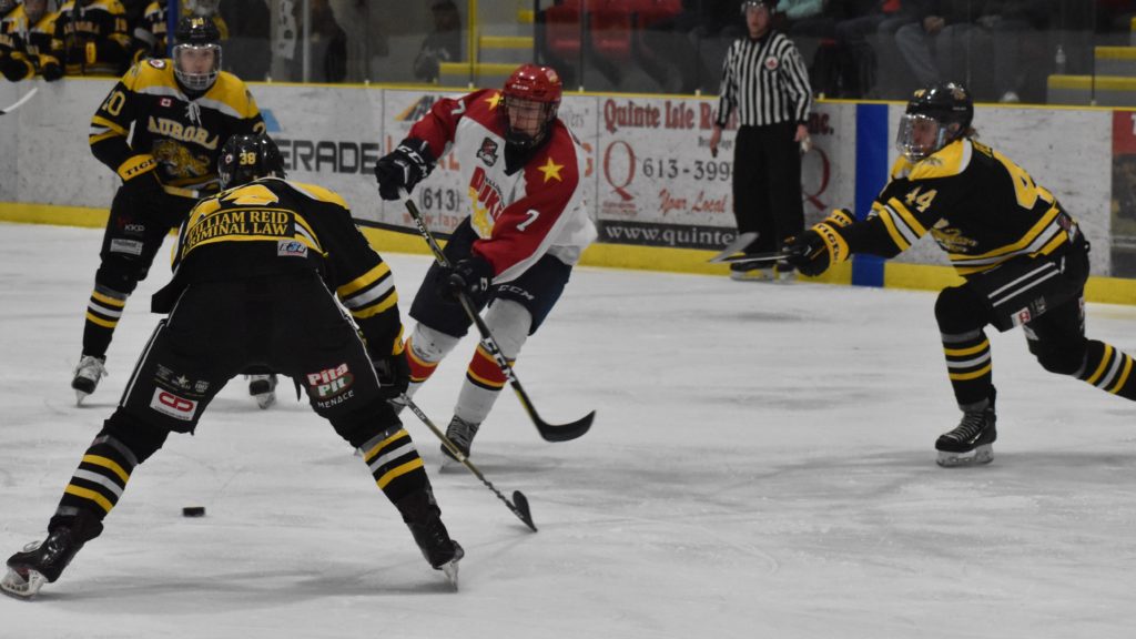 <p>BACK TO THE BUCKLAND FINALS- Wellington Duke defenceman Zach Uens evades three members of the Aurora Tigers during Game 4 of the OJHL Northeastern Conference Finals Friday night. Uens score the series winning goal in double overtime in Game 5 on Sunday. (Jason Parks/Gazette Staff)</p>
