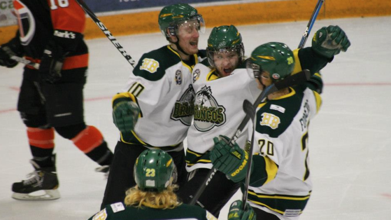 <p>HAPPIER TIMES- (Centre) Prince Edward County native Joey Davies celebrates his  goal during a game in the 2012 SJHL playoffs. Davies played two seasons with the Humboldt Broncos. (Mike Yager/Humboldt Broncos)</p>
