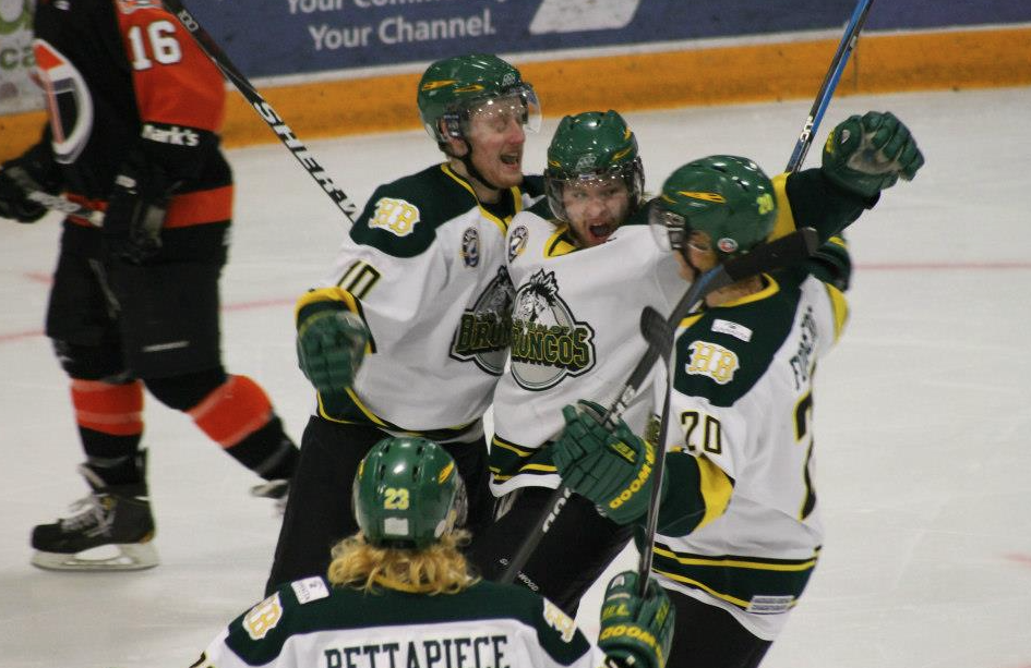 <p>HAPPIER TIMES- (Centre) Prince Edward County native Joey Davies celebrates his  goal during a game in the 2012 SJHL playoffs. Davies played two seasons with the Humboldt Broncos. (Mike Yager/Humboldt Broncos)</p>
