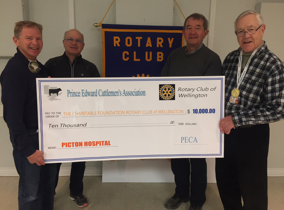 <p>The Prince Edward Cattlemen’s Association recently donated $10,000 toward the Rotary Club of Wellington’s fundraising drive for a new hospital in the county. Pictured, from left, are Rotary past-president Mike Lattner, Rotarian Howard Ziedenberg, Cattlemen’s representative Dr. John Hancock, and Rotarian David Smith.  (Submitted photo)</p>
