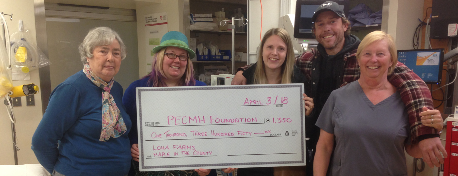 <p>LOHA Farms earned $1,350 for the Prince Edward County Memorial Hospital Foundation by hosting a Maple in the County pancake breakfast at their  hobby farm and sugarbush with help  from volunteers including emergency department nurses. and an X-ray technologist from the hospital. Pictured, from left,  foundation director Susan Law and communications co-ordinator Briar Boyce receive the donation from LOHA Farms proprietors Jessie and Chris Armstrong, and registered nurse Nancey Lough.  (Submitted photo)</p>

