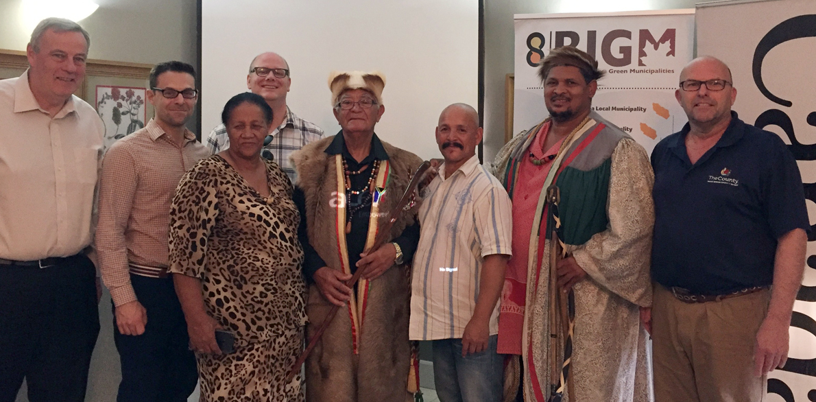 <p>Working together – Members of the Prince Edward County delegation, which included County CAO James Hepburn, community development director Neil Carbone, community development co-ordinator Todd Davis, and councillor Steve Ferguson, met with neighbouring tribal chiefs and representatives of Kouga Local Municipality while in South Africa. The trip was part of the Building Inclusive Green Municipalities program. (Submitted photo)</p>

