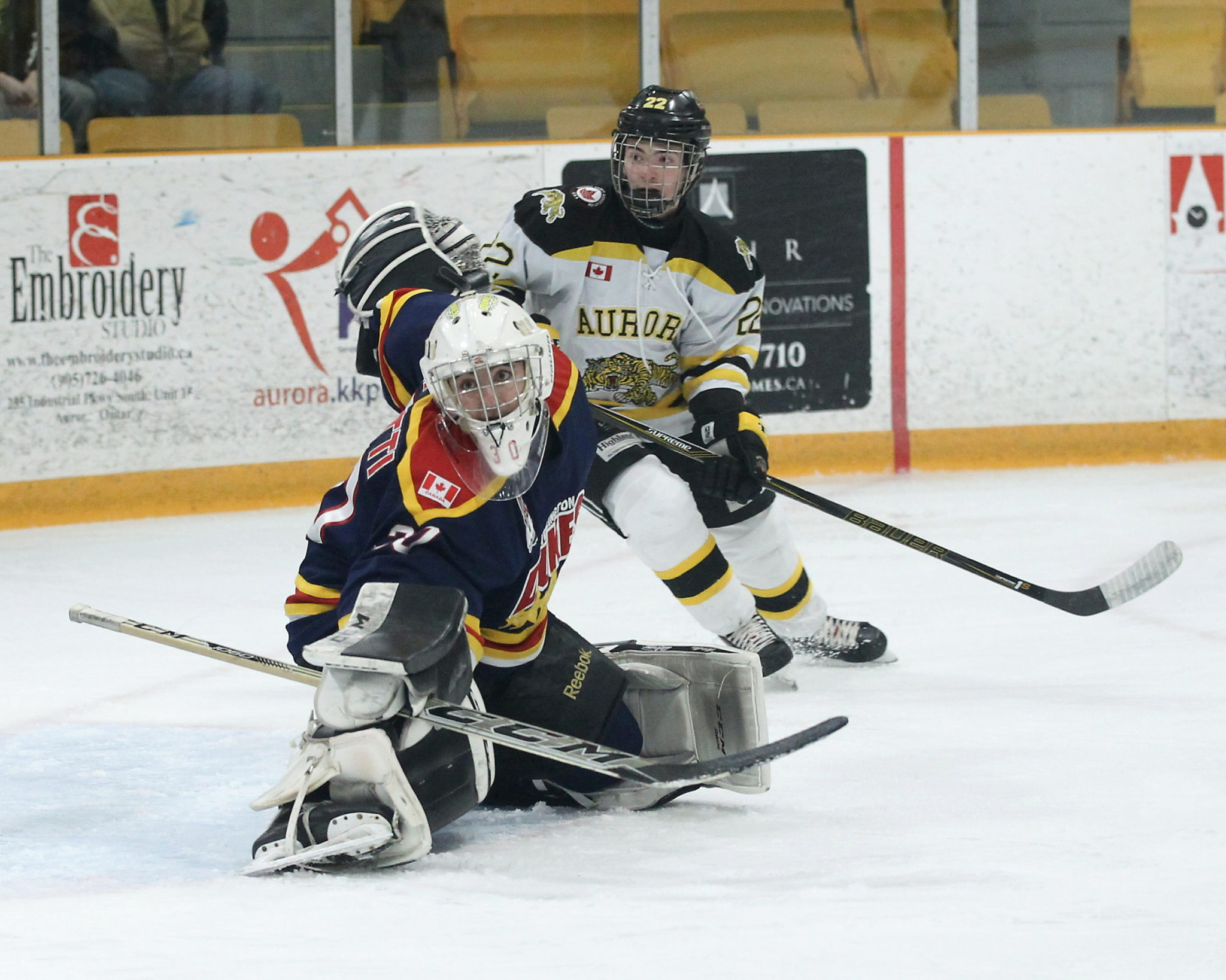 <p>UNDER FIRE- Wellington Dukes netminder Jonah Capriotti was under pressure Tuesday night as the Aurora Tigers had 11 power play opportunities in Game 3. Wellington fell to Rizvan Mansurov and the Tigers 6-2. (OJHL Images/Tim Bates)</p>
