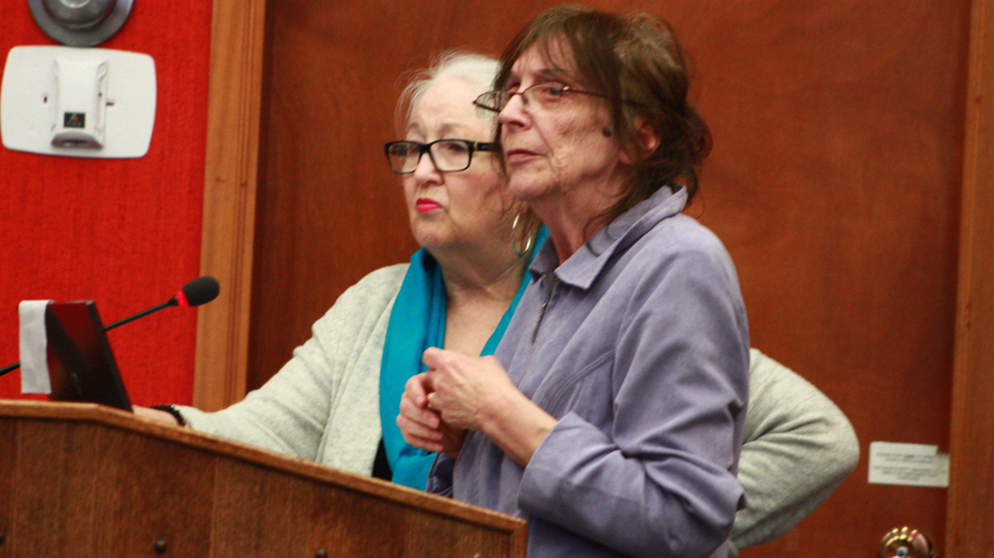<p>From left, Lynne Rochon and Robin Lunn asked councillors to look into the purchase of a portable water station for Prince Edward County. (Chad Ibbotson/Gazette staff)</p>
