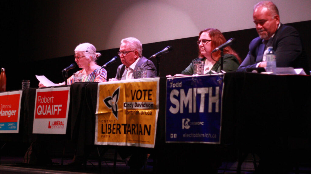 <p>Bay of Quinte riding candidates, from left, NDP Joanne Belanger, Liberal Robert Quaiff, Libertarian Cindy Davidson, and PC Todd Smith. (Chad Ibbotson/Gazette staff)</p>
