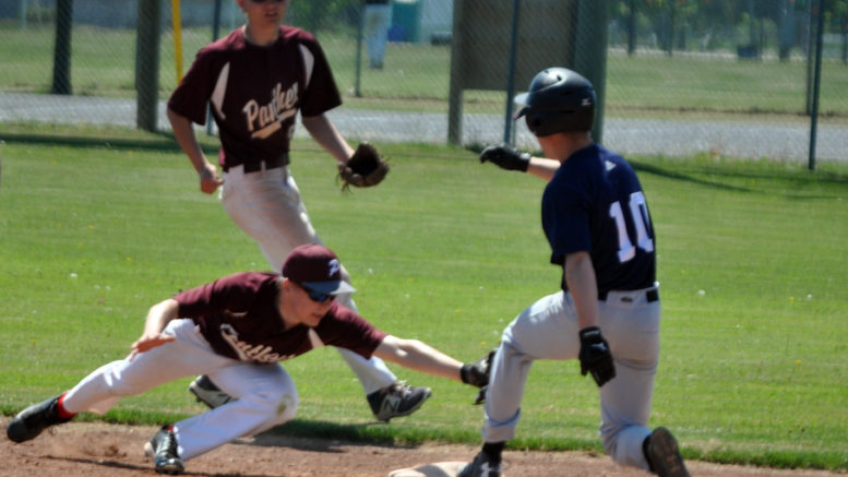<p>Race to the bag  -Panthers second baseman Jordan Stacey lunges to tag a St. Mary runner as shortstop John McHugh looks on.  The infielders are two of six graduating vets who will be missed. (Adam Bramburger/Gazette staff)</p>
