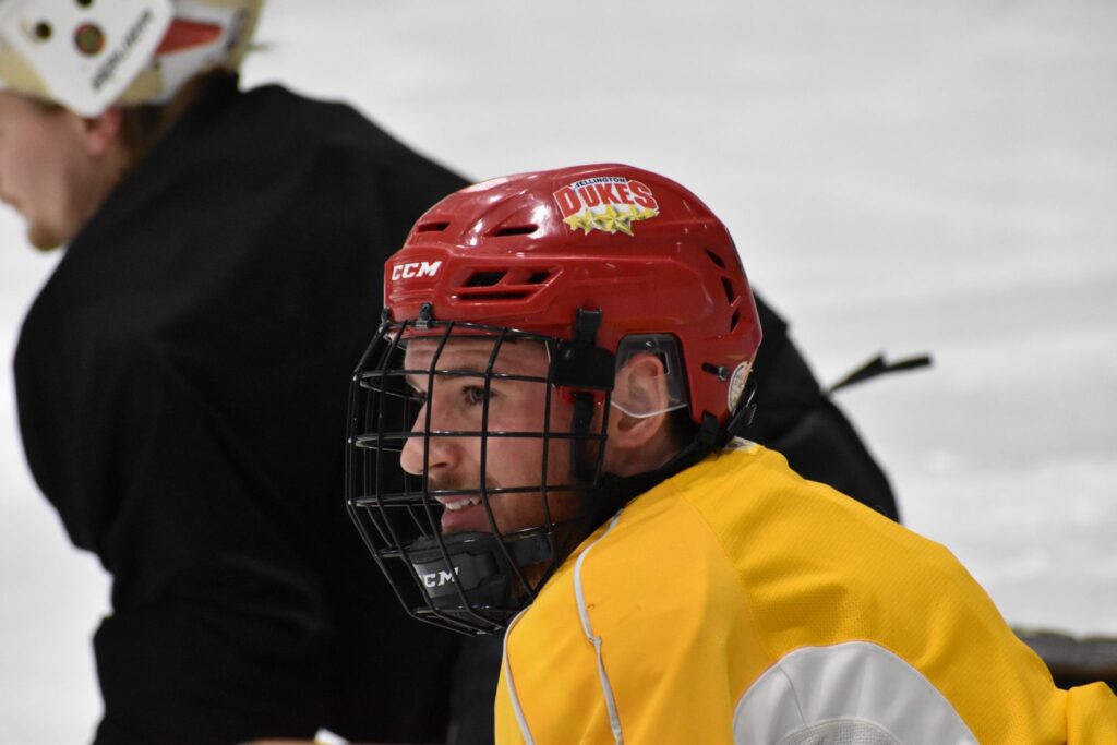 <p>NORTHWARD BOUND- Wellington Dukes captain Colin Doyle smiles during a practice at Essroc Arnea earlier this month following the team’s 2018 Dudley Hewitt Cup triumph. The Campbellford native will attend the University of Alaska-Fairbanks later this fall. (Jason Parks/Gazette Staff)</p>
