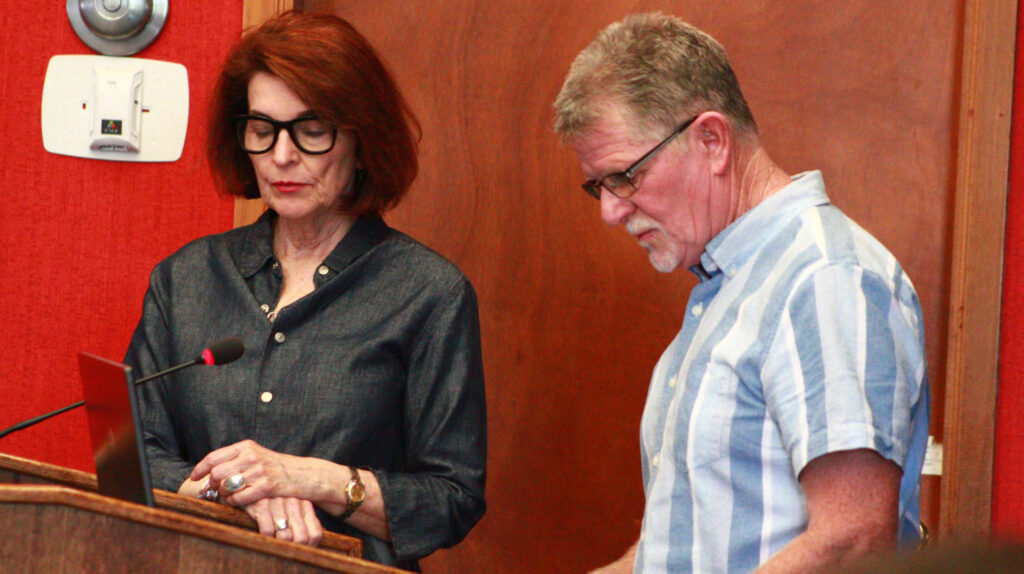 <p>Elizabeth Bloome and Bill Bonter address committee of the whole on May 24. (Chad Ibbotson/Gazette staff)</p>
