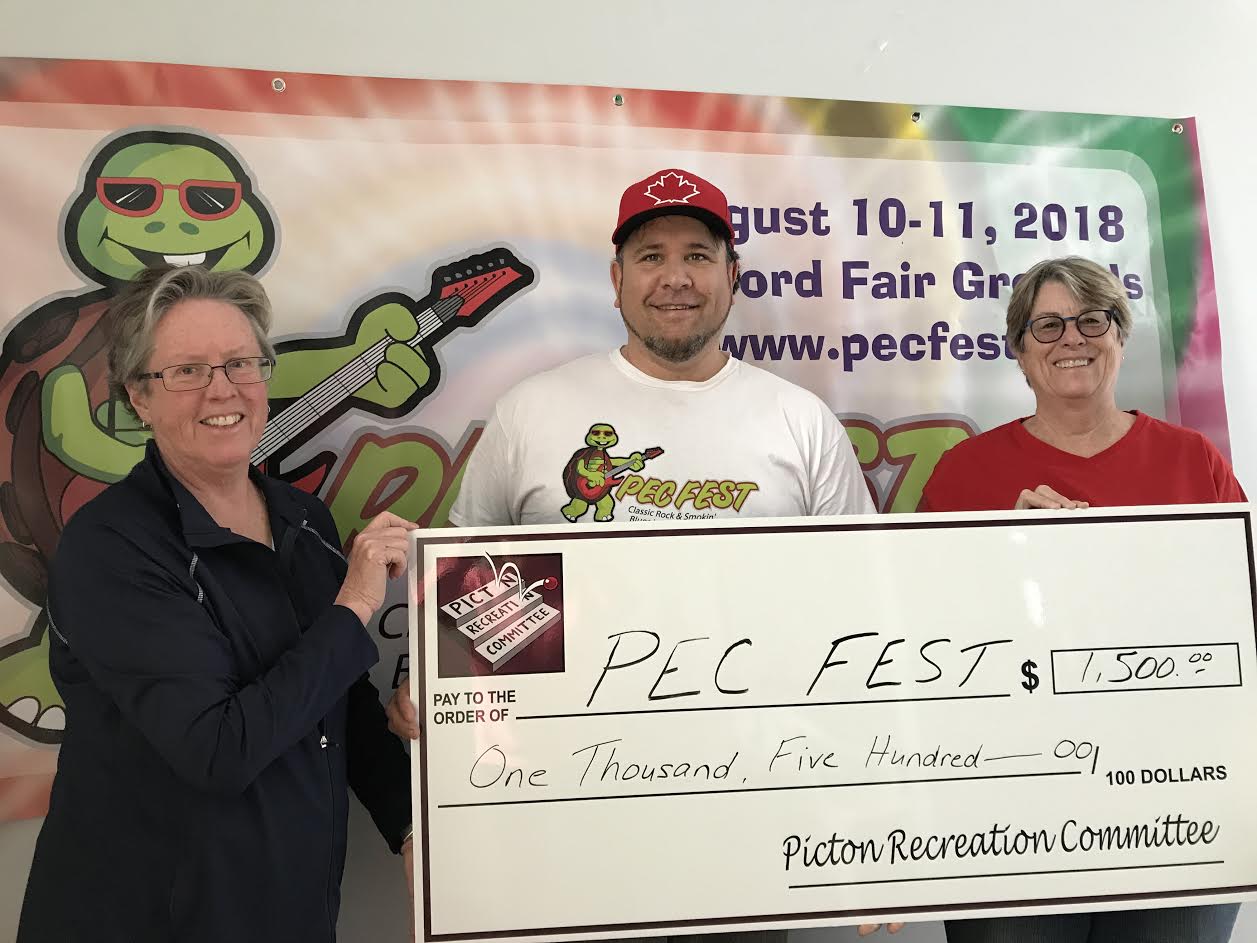 <p>SUPPORTERS- (Left) Bev Humphrey and (Right) Debbie Rankin present PEC Fest organizer Jay Chetwynd with $1,500 in support of the inaugural classic rock and smokin’ blues festival scheduled for later this summer. (Submitted Photo)</p>
