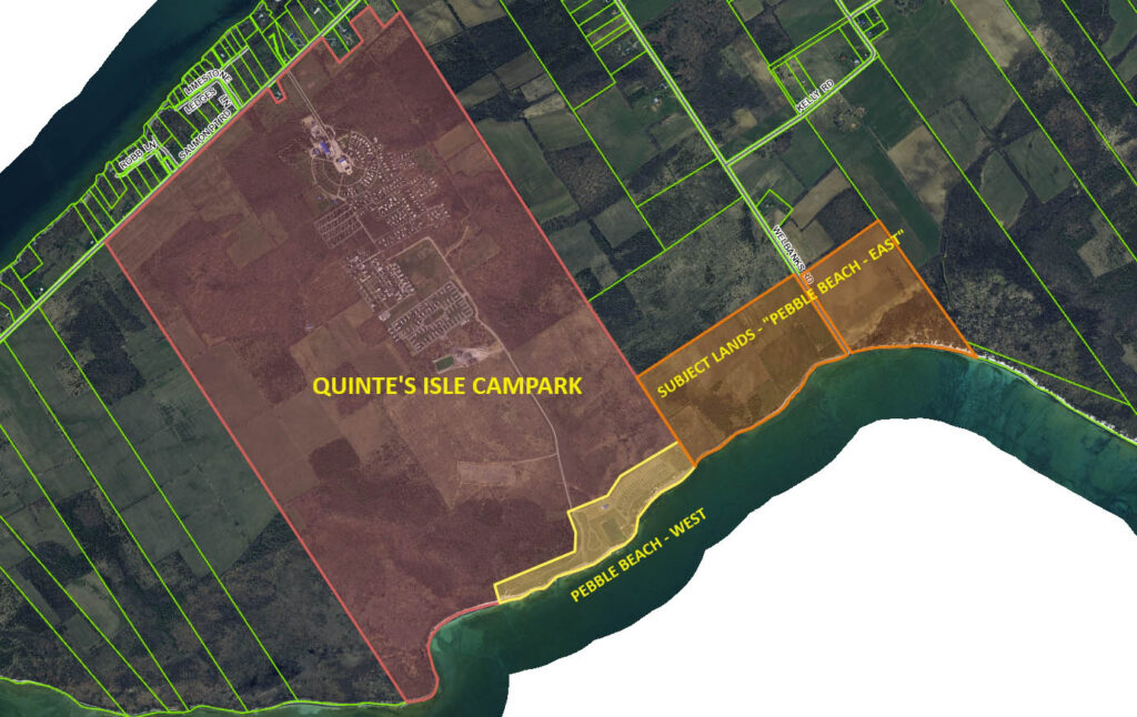 <p>The lands outlined in orange represent the site of the proposed development. (County GIS image)</p>
