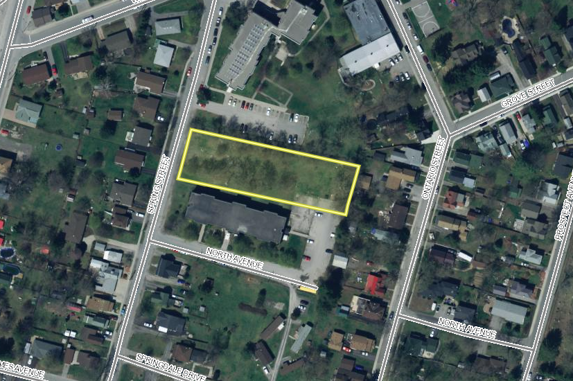<p>The lands outlined in yellow denote the proposed location of the residential apartment development. (County GIS image)</p>

