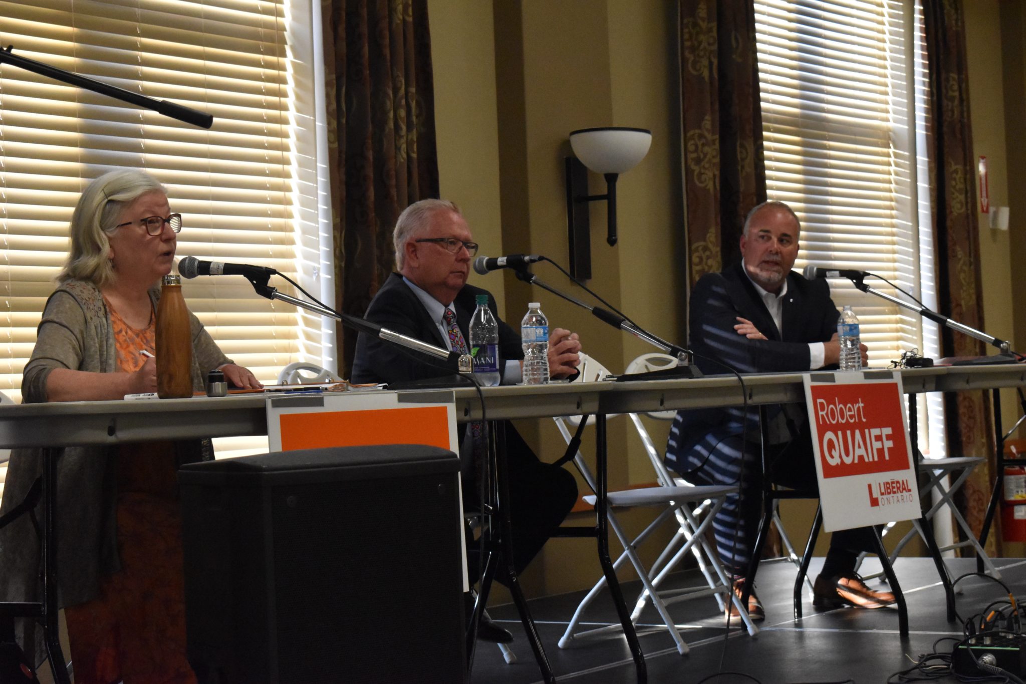 <p>ON THE HOT SEATS- Bay of Quinte MPP candidates Joanne Belanger, Robert Quaiff and Todd Smith attended a debate organized by local teacher and educational support staff unions at Highline Hall Tuesday evening. (Jason Parks/Gazette Staff) </p>
