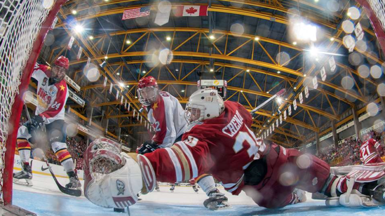 <p>LAYING IT ON THE LINE- Chilliwack Chiefs netminder Daniel Chenard lays across the goal line to rob Wellington Duke Declan Carlile during the Chiefs 2-0 win Tuesday night. (Matthew Murnaghan/Hockey Canada Images) </p>
