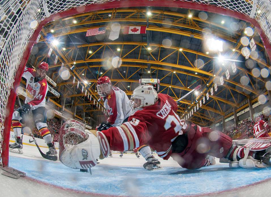 <p>LAYING IT ON THE LINE- Chilliwack Chiefs netminder Daniel Chenard lays across the goal line to rob Wellington Duke Declan Carlile during the Chiefs 2-0 win Tuesday night. (Matthew Murnaghan/Hockey Canada Images) </p>
