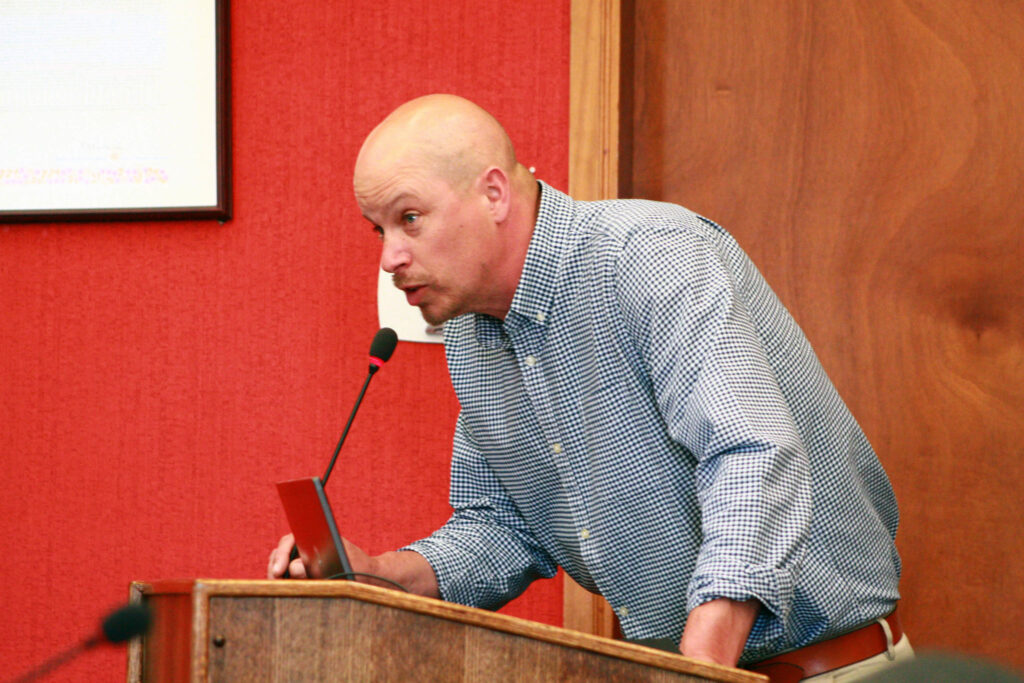 <p>Matt Ronan addresses councillors on behalf of the Prince Edward County Minor Baseball Association seeking assistance in installing a new scoreboard at Wellington’s Field of Dreams. (Chad Ibbotson/Gazette staff)</p>
