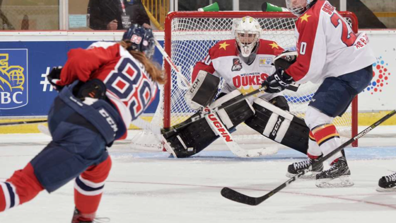 <p>ON TARGET- Wellington Dukes netminder Jonah Capriotti stares down a Gabriel Morin shot during the Dukes 2-1 overtime loss to the Ottawa Jr. A Senators at the 2018 Royal Bank Cup in Chilliwack, BC Saturday. (Matthew Murnaghan/Hockey Canada Images) </p>
