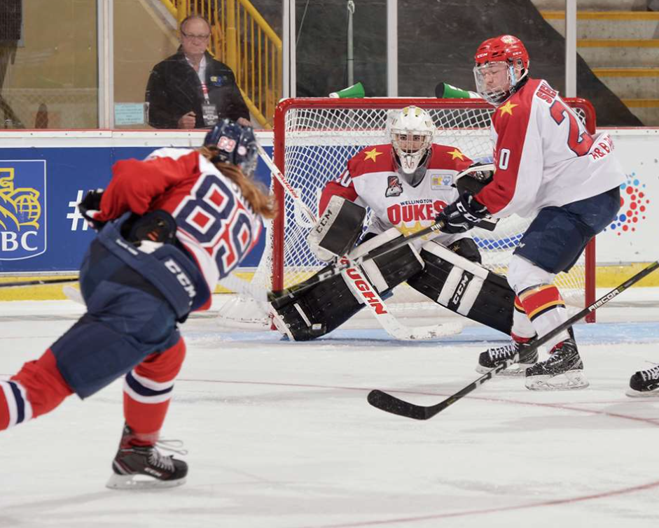 <p>ON TARGET- Wellington Dukes netminder Jonah Capriotti stares down a Gabriel Morin shot during the Dukes 2-1 overtime loss to the Ottawa Jr. A Senators at the 2018 Royal Bank Cup in Chilliwack, BC Saturday. (Matthew Murnaghan/Hockey Canada Images) </p>
