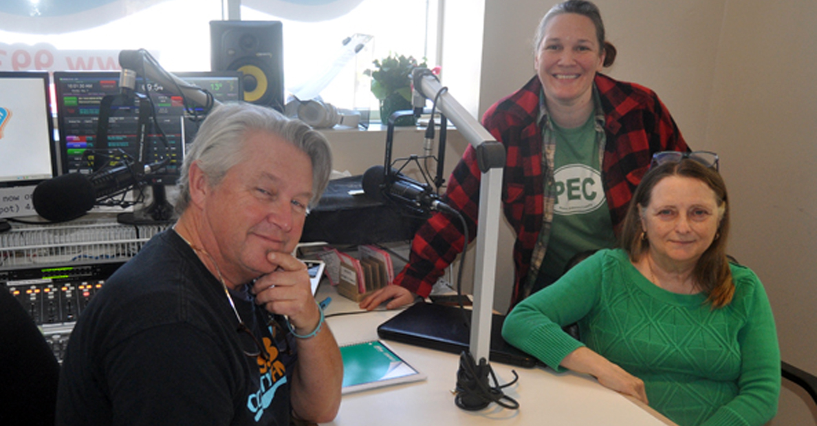 <p>Holding a megaphone – 99.3 County FM board chair Jim J.J. Johnston, broadcaster Alison Kelly, and general manager Deb Simpson discuss this week’s radiothon in studio Monday. (Adam Bramburger/Gazette staff)</p>
