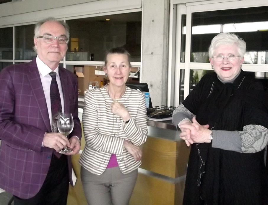 <p>Sharing a creative vision – Brian Barlow, the creative director for the Prince Edward County Jazz Festival, talked about this year’s talent lineup with two of the sponsors, Norah Rogers (middle) and Elizabeth Crombie, during the festival’s launch at Huff Estates Winery last Friday.  (Terry McNamee/For The Gazette)</p>
