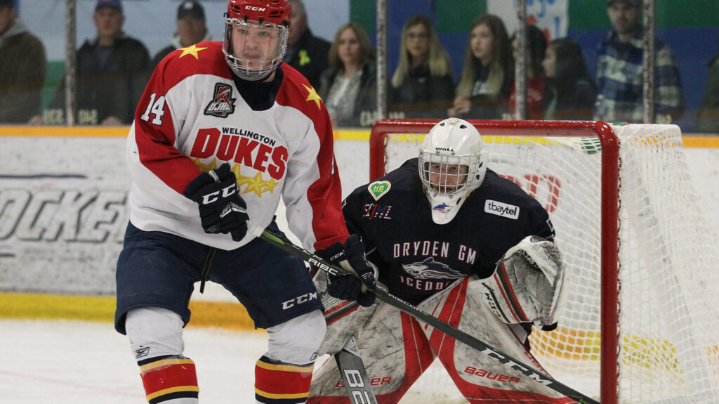 <p>NOTHING TO SHOOT AT- Wellington Dukes forward Ben Evans tries to block Dryden Ice Dogs netminder Landon Pavlisin during the club’s opening game of the 2018 Dudley Hewitt Cup in Dryden, ON Tuesday night. Pavlisin made 38 saves in a 4-1 win. (Photo by Tim Bates/DHC via OJHL Images)</p>
