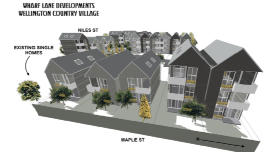 <p>VISION – This artist’s conception shows a view of the former Wellington arena site, proposed by Wharf Lane Developments on behalf of the Prince Edward County Affordable Housing Network. (Wharf Lane Developments)</p>
