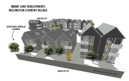 <p>VISION – This artist’s conception shows a view of the former Wellington arena site, proposed by Wharf Lane Developments on behalf of the Prince Edward County Affordable Housing Network. (Wharf Lane Developments)</p>
