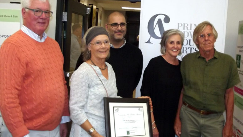 <p>Trailblazing supporters -The first Community Arts Builder Award was presented to Peter and Alice Mennacher of  Blizzmax Gallery at  the grand opening of the 25th annual Art in the County Juried Show at the Armoury in Picton on Thursday, June 22. Pictured from left are award sponsor Laurie Gruer, Alice Mennacher, sponsors Sam Simone and Monika Klingenberg and Peter Mennacher. (Terry McNamee/For The Gazette)</p>
