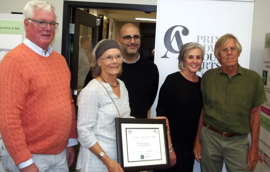 <p>Trailblazing supporters -The first Community Arts Builder Award was presented to Peter and Alice Mennacher of  Blizzmax Gallery at  the grand opening of the 25th annual Art in the County Juried Show at the Armoury in Picton on Thursday, June 22. Pictured from left are award sponsor Laurie Gruer, Alice Mennacher, sponsors Sam Simone and Monika Klingenberg and Peter Mennacher. (Terry McNamee/For The Gazette)</p>

