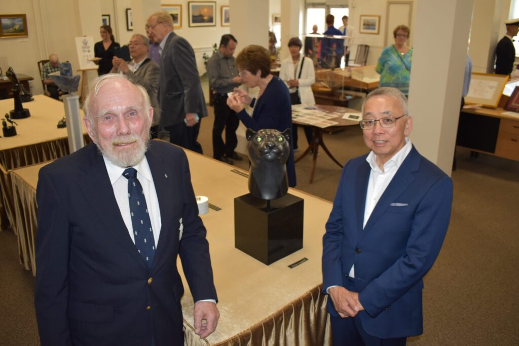 <p>A STELLAR SHOW- (Left) The Victory Naval Marine Archive Executive Director Paul Adamthwaite and Prince Edward County-based sculptor Takashi Sakamoto stand by Stellar Leopard, one of 13 Sakamoto pieces currently on display at the gallery on Main street. (Jason Parks/Gazette Staff)</p>
