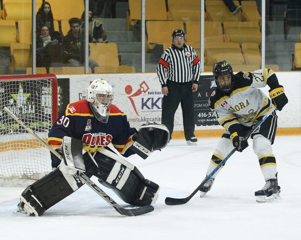 <p>CHANGING SIDES- Elijah Gonsalves, seen here in the 2018 Buckland Cup Semi-Finals staking out Dukes goaltender Jonah Capriotti and the Wellington net, is the newest member of the local junior hockey club after Aurora and Wellington swung a trade Monday.<br />
(Photo by Tim Bates / OJHL Images)</p>
