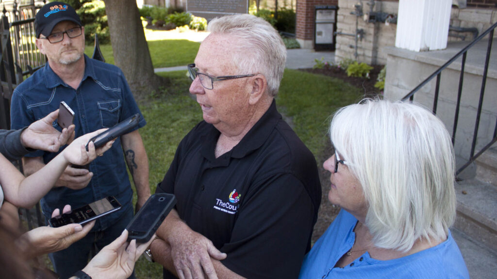 <p>Robert and Susan Quaiff met with media outside Shire Hall on Monday. (Chad Ibbotson/Gazette staff)</p>
