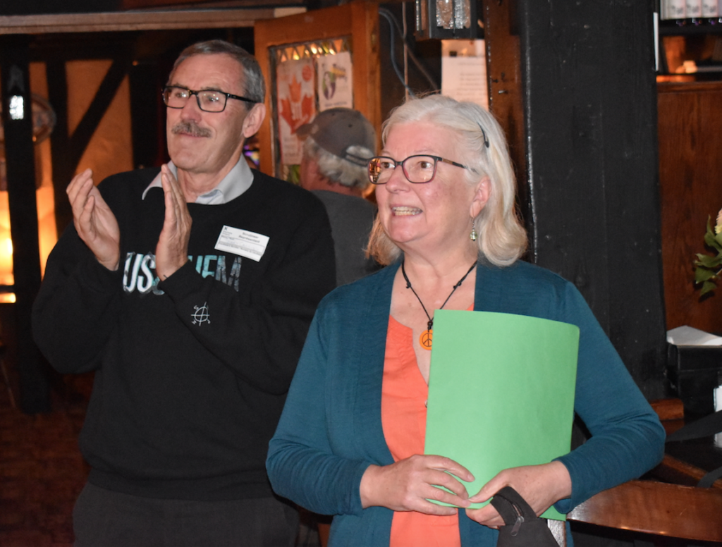 <p>GAINS AND LOSSES- Bay of Qunte NDP Candidate Joanne Belanger watches results from the 2018 Ontario General Election as her campaign manager and husband Terry Cassidy applauds. (Jason Parks/Gazette Staff)</p>
