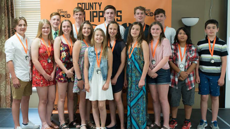 <p>Hoop stars  – Among the individual award winners honoured at last Wednesday’s County Clippers banquet were (from left) Cameron Pero, Madalynn Snider, Andrew Walcott, Sydney Davies, Harm Veenstra Katie McFaul, Isabelle Bender, Logan Stark, Vanessa Lavender, Brooke Spencer, Ryan Doolan, Sydney Stark, Hayden Blakely, Derek Li, and Max Lacroix. Fellow recipients Vanessa Wilton, Austin Lavender, and Gracie Burris are not pictured. (Rob Garden/County Clippers)</p>
